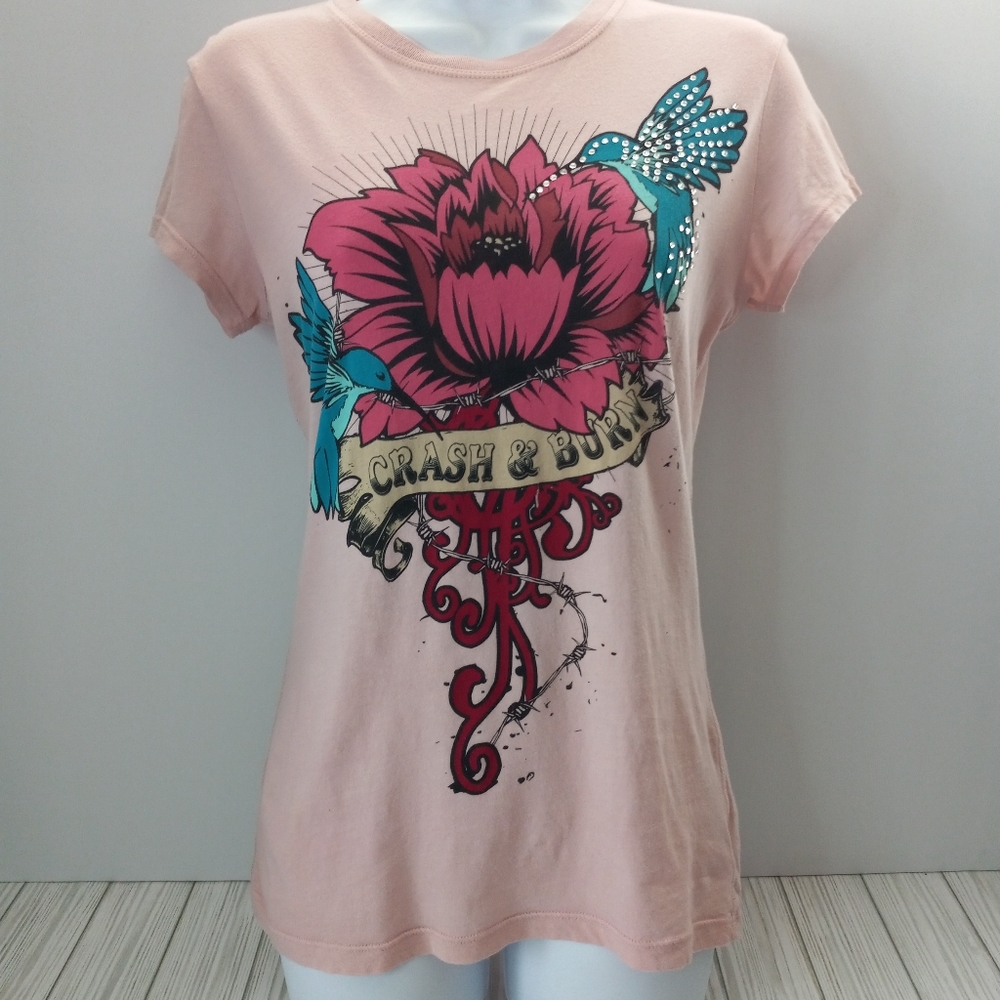 Crash & Burn Hummingbird, Flower, Barb Wire Graphic Y2K Rhinestone Tee